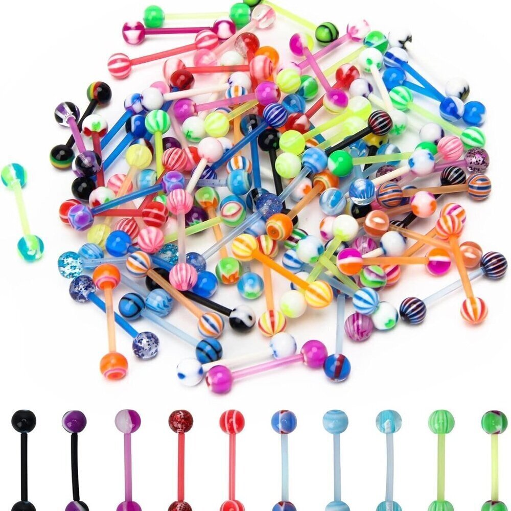 100Pcs Acrylic Tongue Rings Assorted Flexible Barbell for Piercing Jewelry
